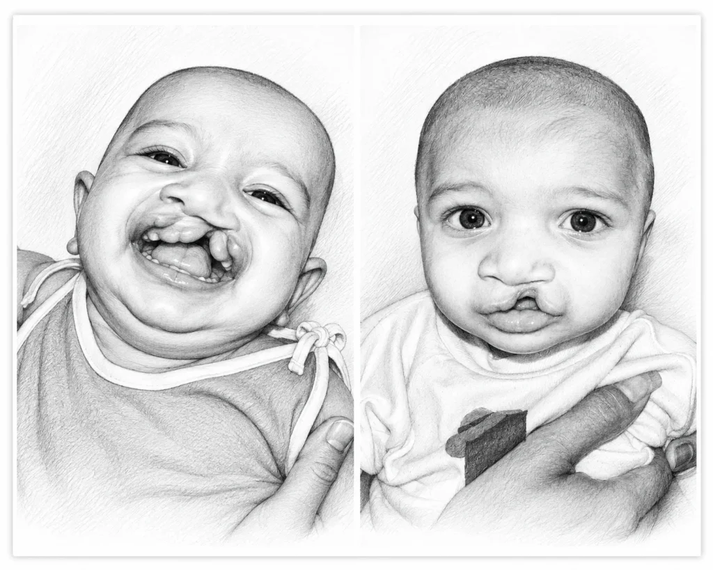 Pencil-art illustration of two infants with unilateral cleft lip and palate treated at nuFace Hospital, Surat